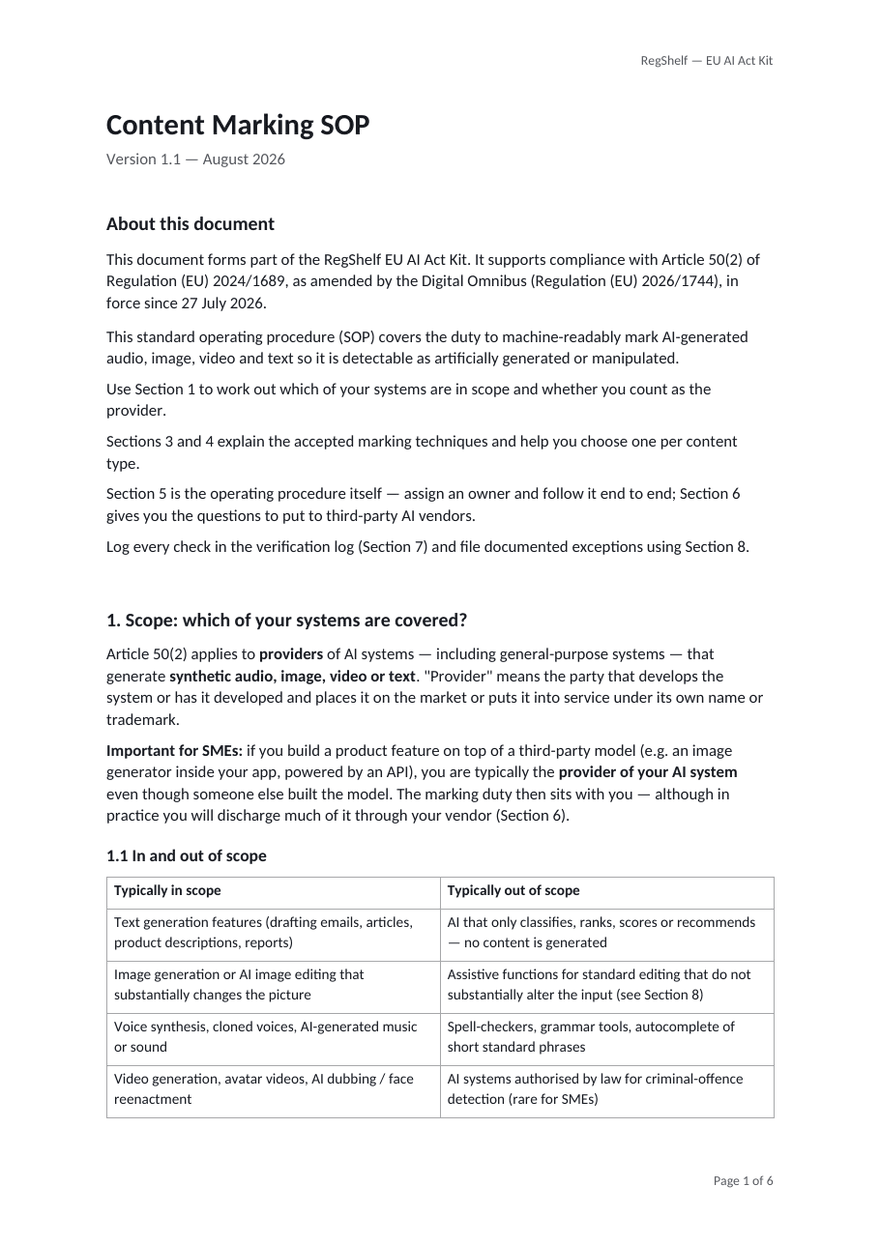 First page of 06_Content_Marking_SOP.docx from the RegShelf EU AI Act Kit