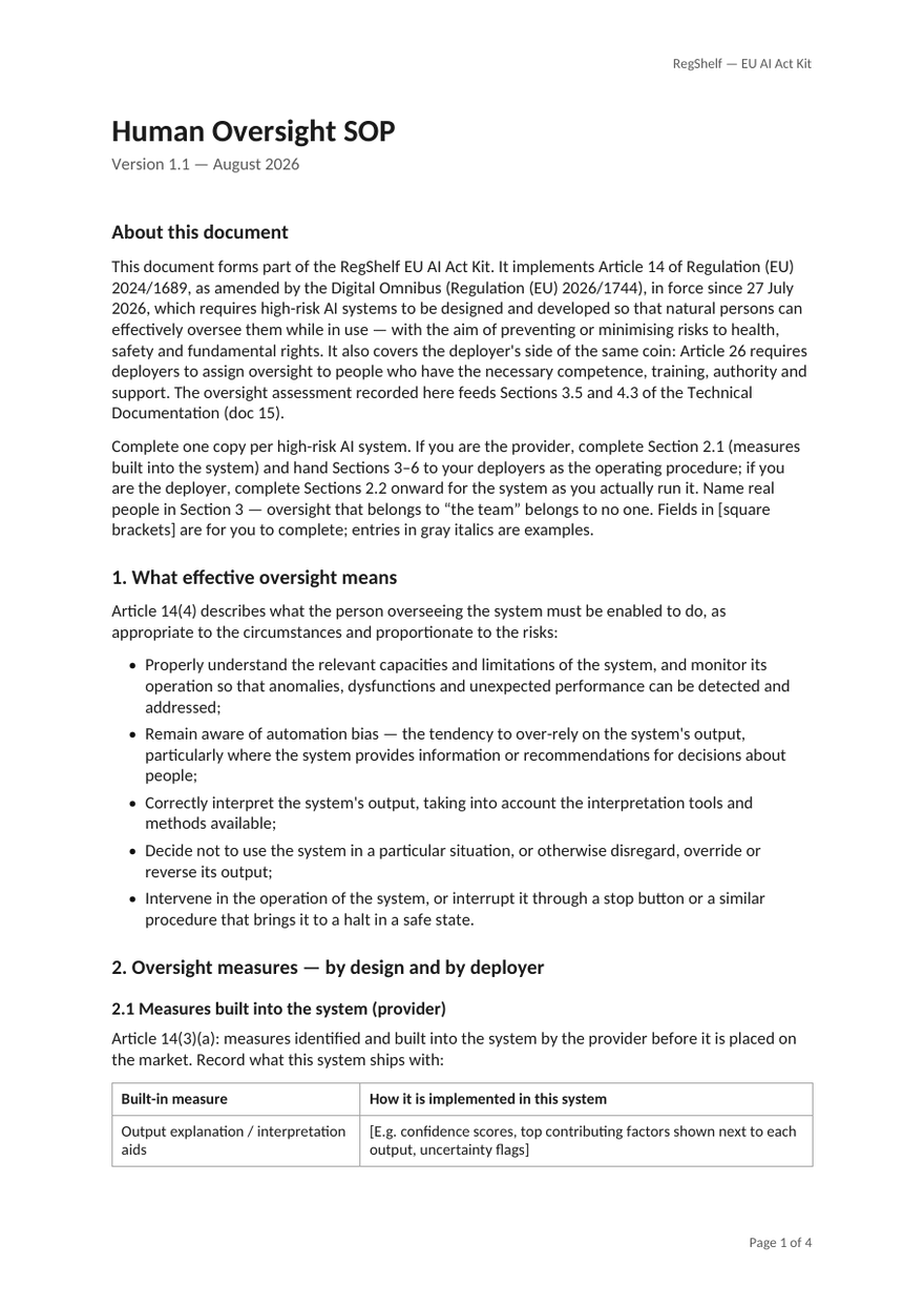 First page of 18_Human_Oversight_SOP.docx from the RegShelf EU AI Act Kit