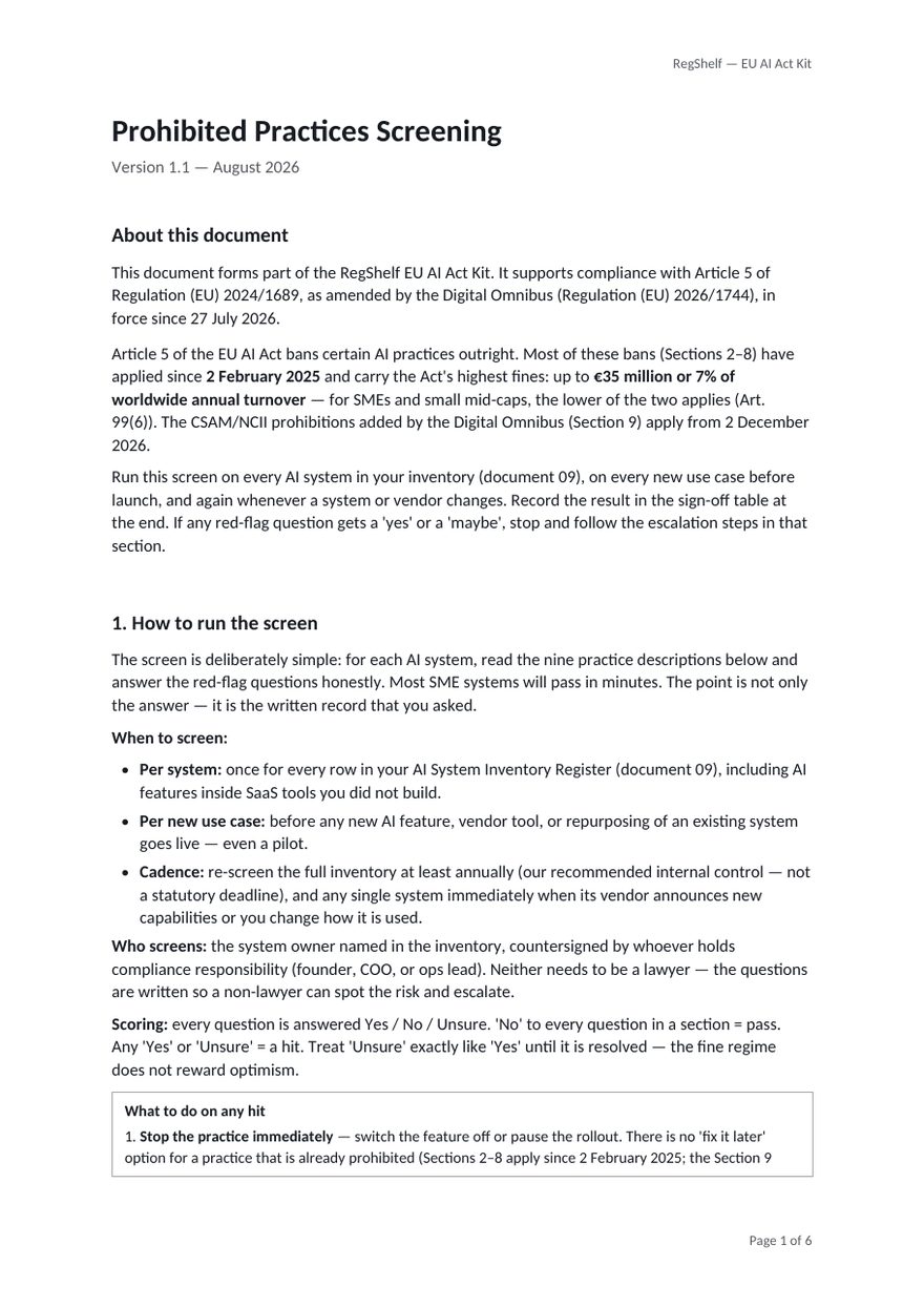 First page of 10_Prohibited_Practices_Screening.docx from the RegShelf EU AI Act Kit