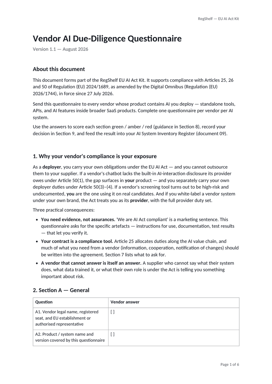 First page of 11_Vendor_AI_DueDiligence_Questionnaire.docx from the RegShelf EU AI Act Kit